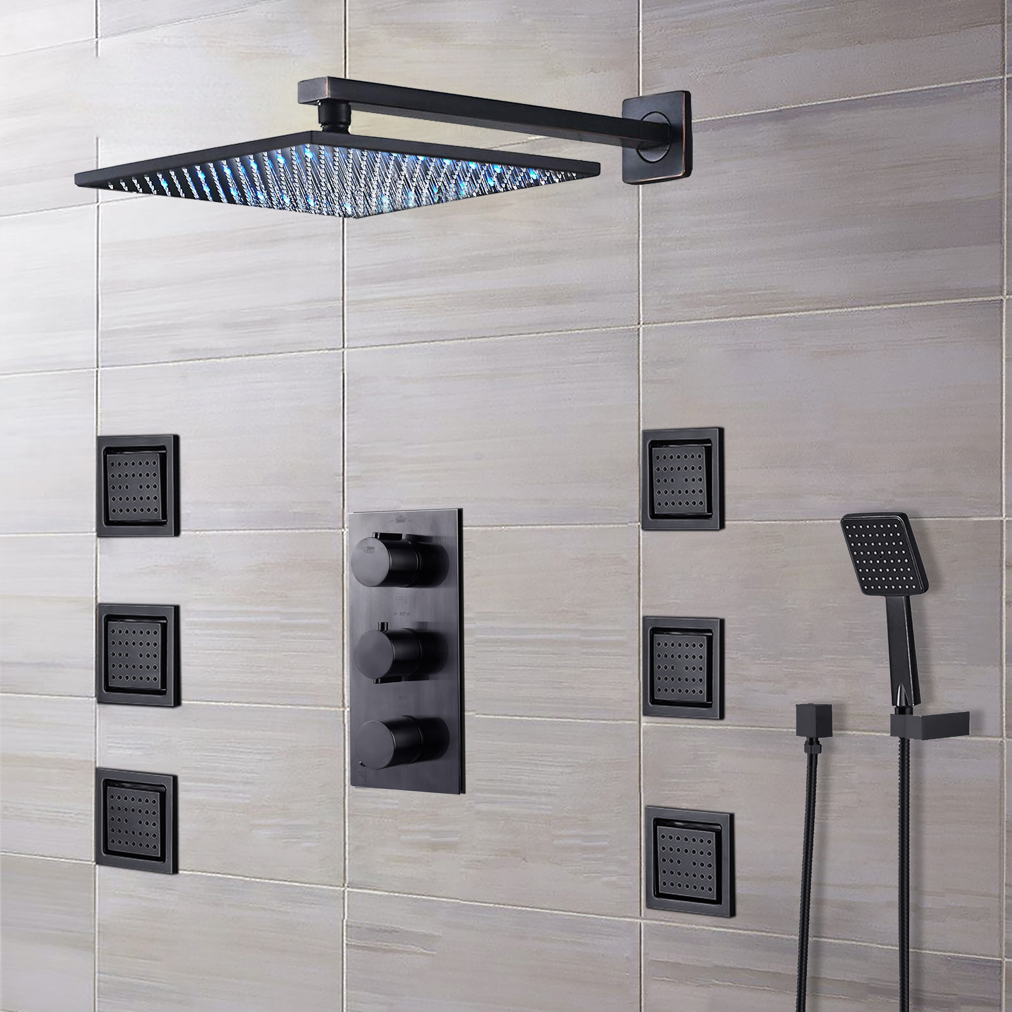 Dark Oil Rubbed Bronze Sierra Multi Color Water Powered Led Shower With Adjustable Body Jets And Mixer-Wall Mount Style